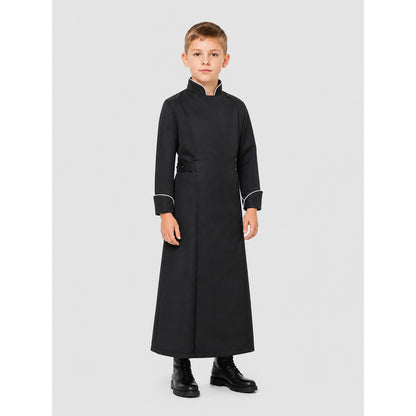 Black Long Cosplay Cassock with White Trim on-model front view