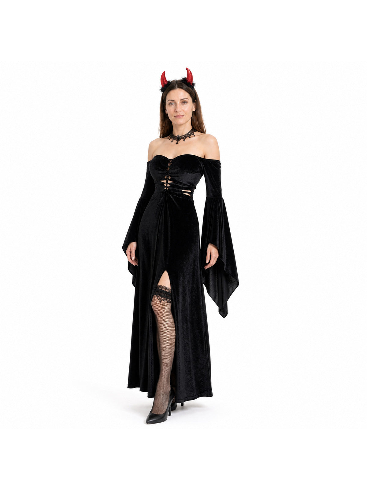 Black Gothic Long Dress with Red Horns Costume Dresses detail