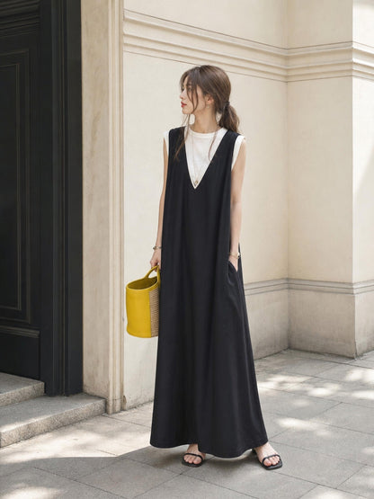 Long Black Sleeveless Dress with V-Neckline Costume Dresses detail