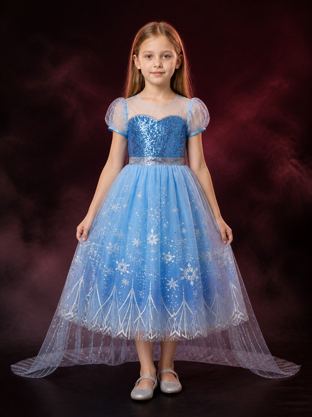 Kids Snow Queen Princess Dress, Sequined Puffy Gown with Snowflakes, Halloween
