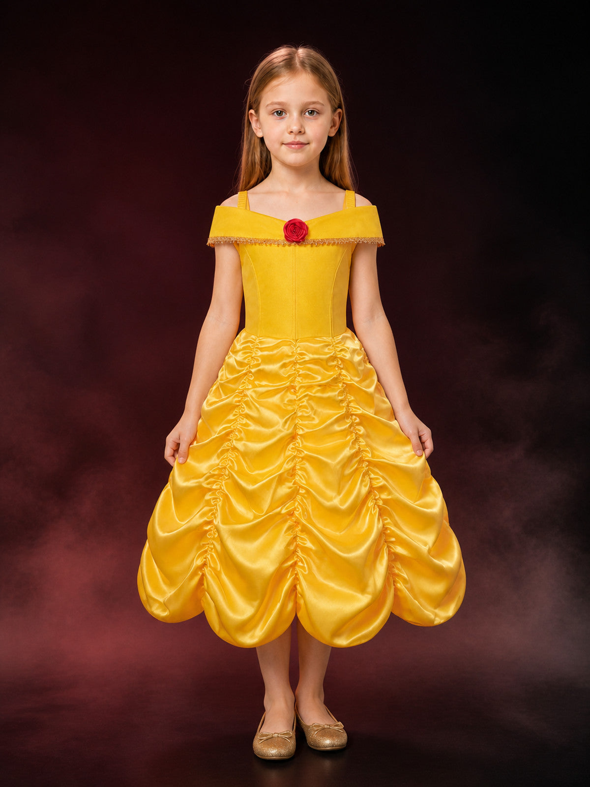 Girls Yellow Princess Dress Costume, Fluffy Ball Gown with Rose & Gold Trim main product view