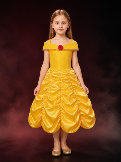 Girls Yellow Princess Dress Costume, Fluffy Ball Gown with Rose & Gold Trim main product view