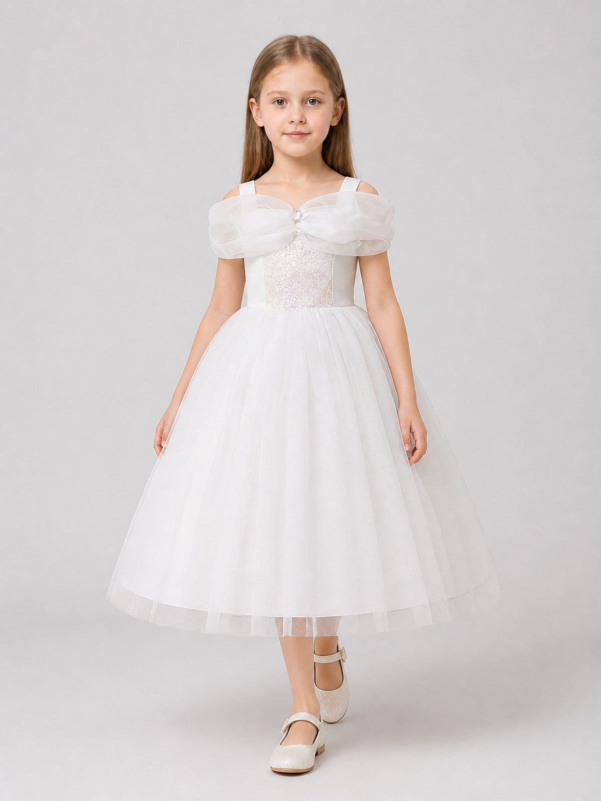Children’s White Princess Dress with Spaghetti Straps and Sequins product detail