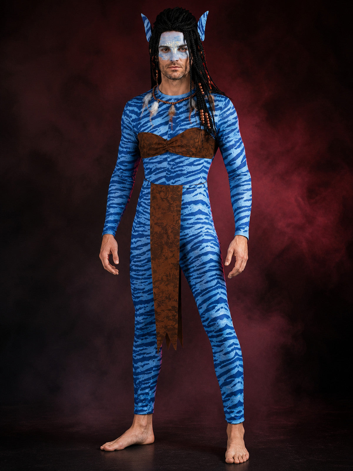 Unisex Avatar Style Blue Tiger Stripe Bodysuit Costume Set with Irregular Hem