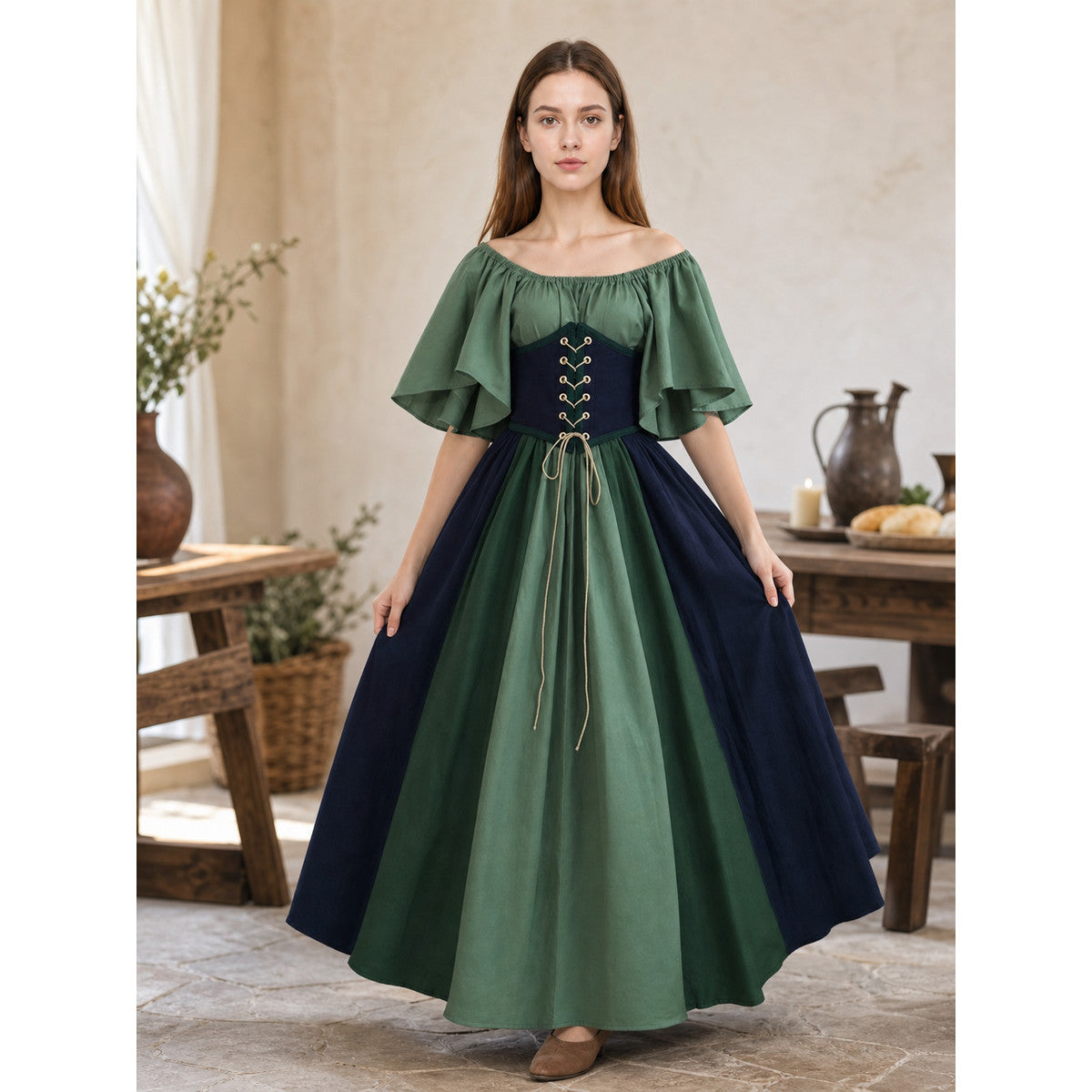 Off-the-Shoulder Dress with Sleeves and Lace-Up Detailing lifestyle view