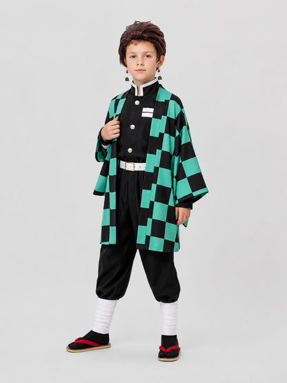 Tanjiro Cosplay Costume: Checkered Cape, Pants, and Wig Costume Capes detail