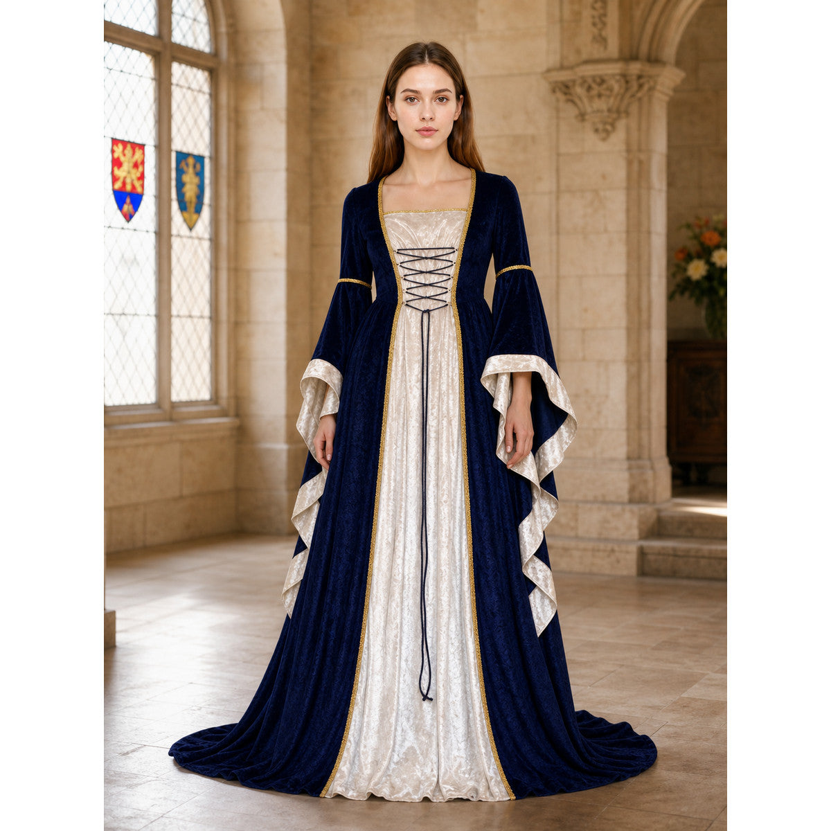 Gothic medieval-style dress made of textile fabric, featuring a floor-length design with a full skirt and flared sleeves. The sleeves are accented with tiered ruffles that emphasize the costume’s historical character. The main color is deep