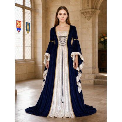 Gothic medieval-style dress made of textile fabric, featuring a floor-length design with a full skirt and flared sleeves. The sleeves are accented with tiered ruffles that emphasize the costume’s historical character. The main color is deep