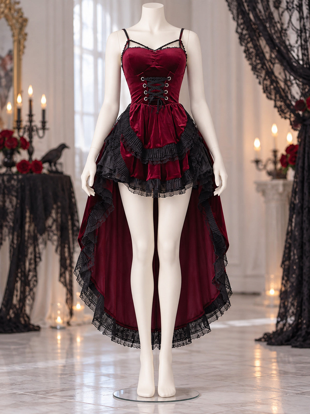 Gothic-Style Halloween Dress Red with Lace