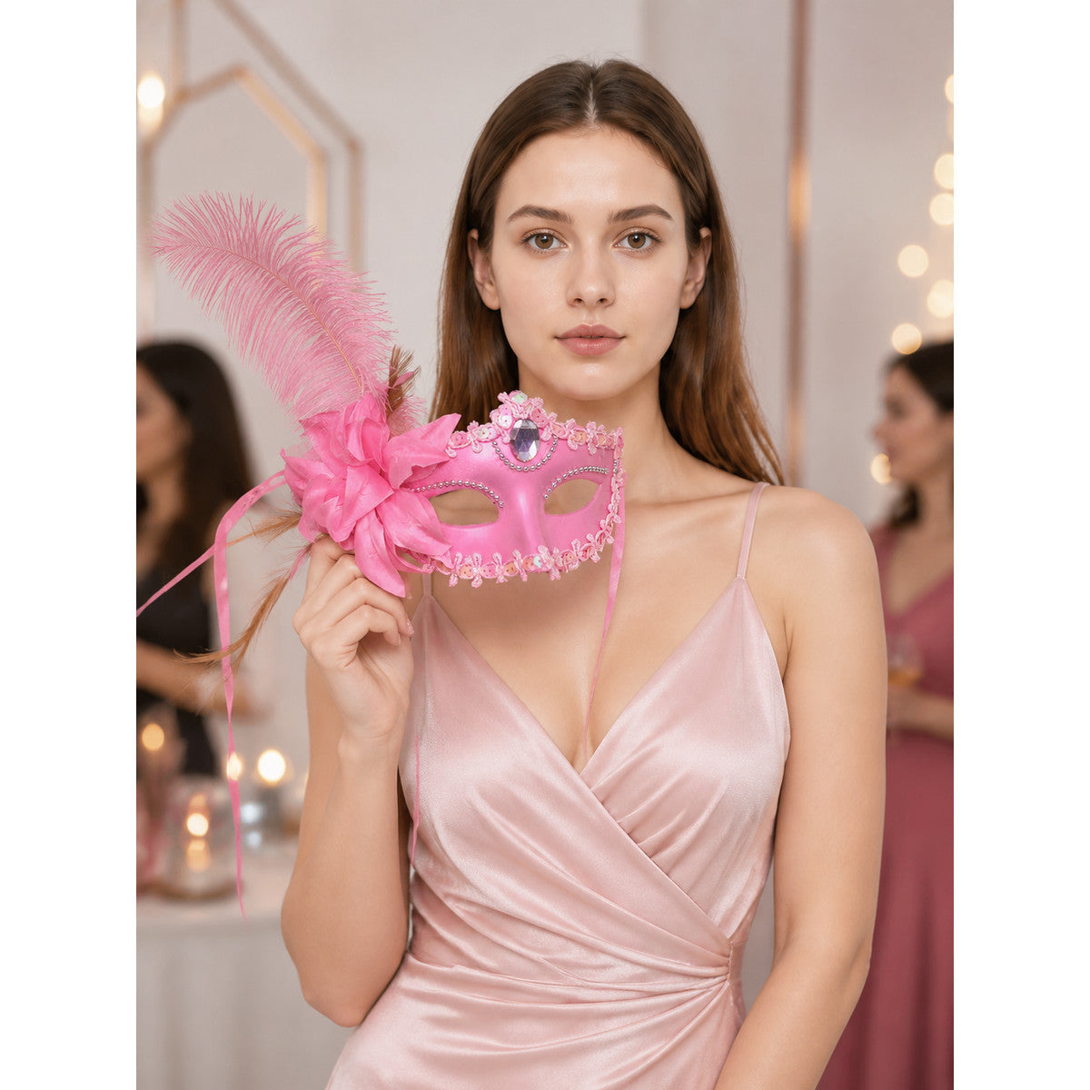 Pink Venetian Carnival Mask with Feathers lifestyle view