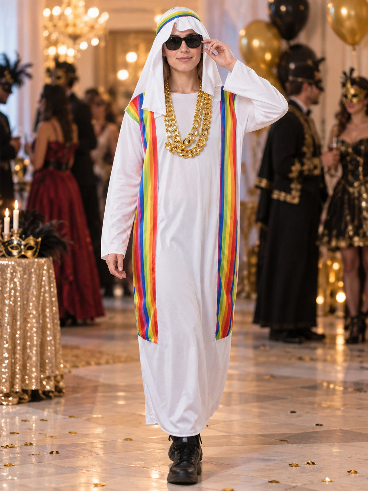 White carnival costume with rainbow inserts and a chain