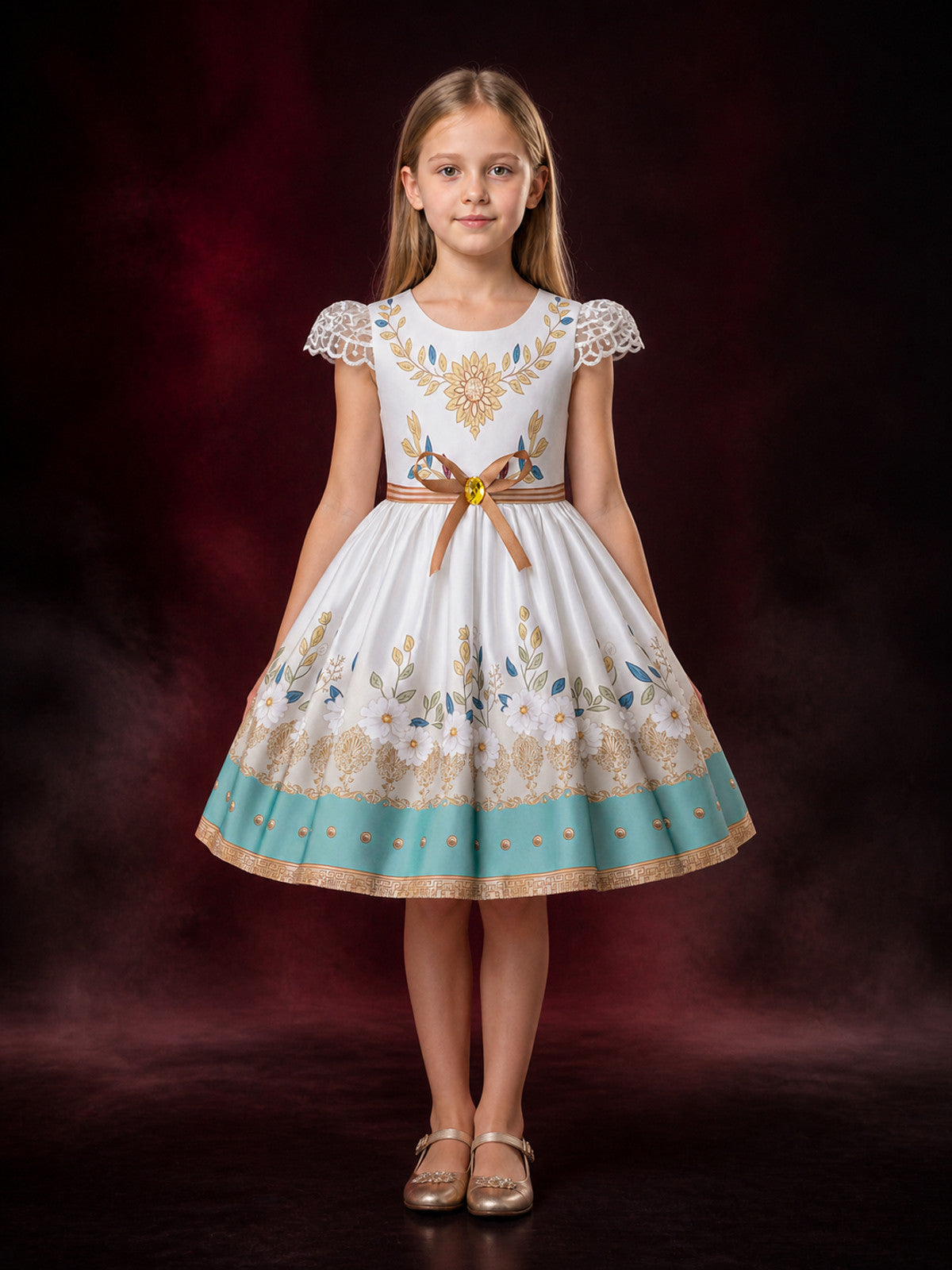 Toddler Girls' Princess Dress With Floral Print, Bow Detail and Puff Sleeves main product view