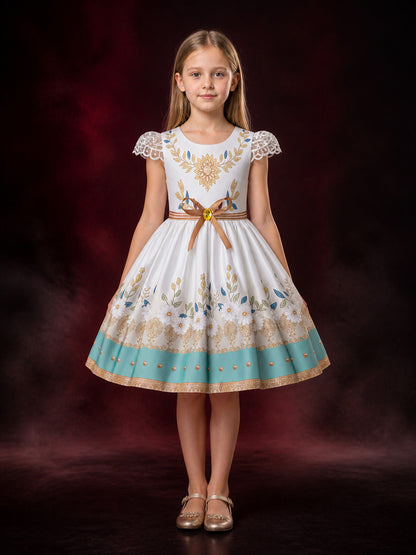 Toddler Girls' Princess Dress With Floral Print, Bow Detail and Puff Sleeves main product view