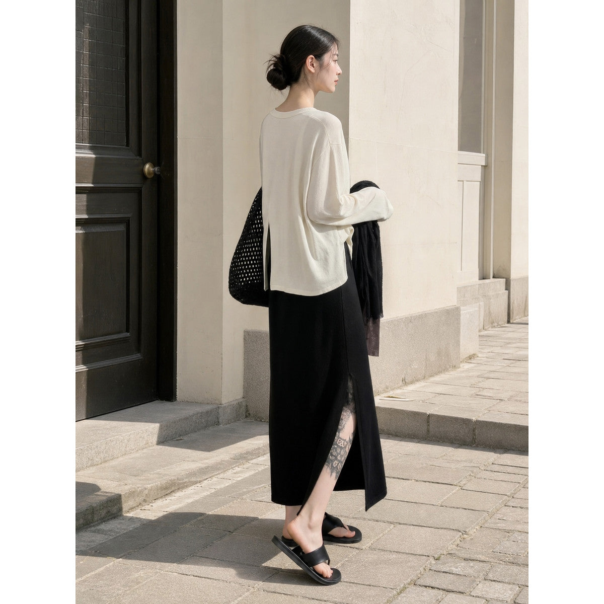 Women's Long Black Straight-Cut Skirt with a Slit
