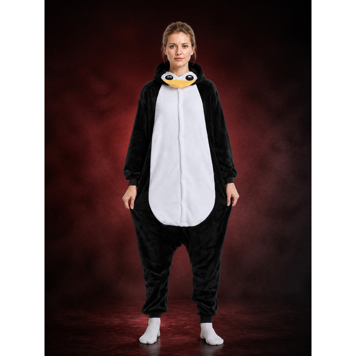 Hooded Penguin Onesie Costume With Yellow Beak, Long Sleeves And Pants lifestyle