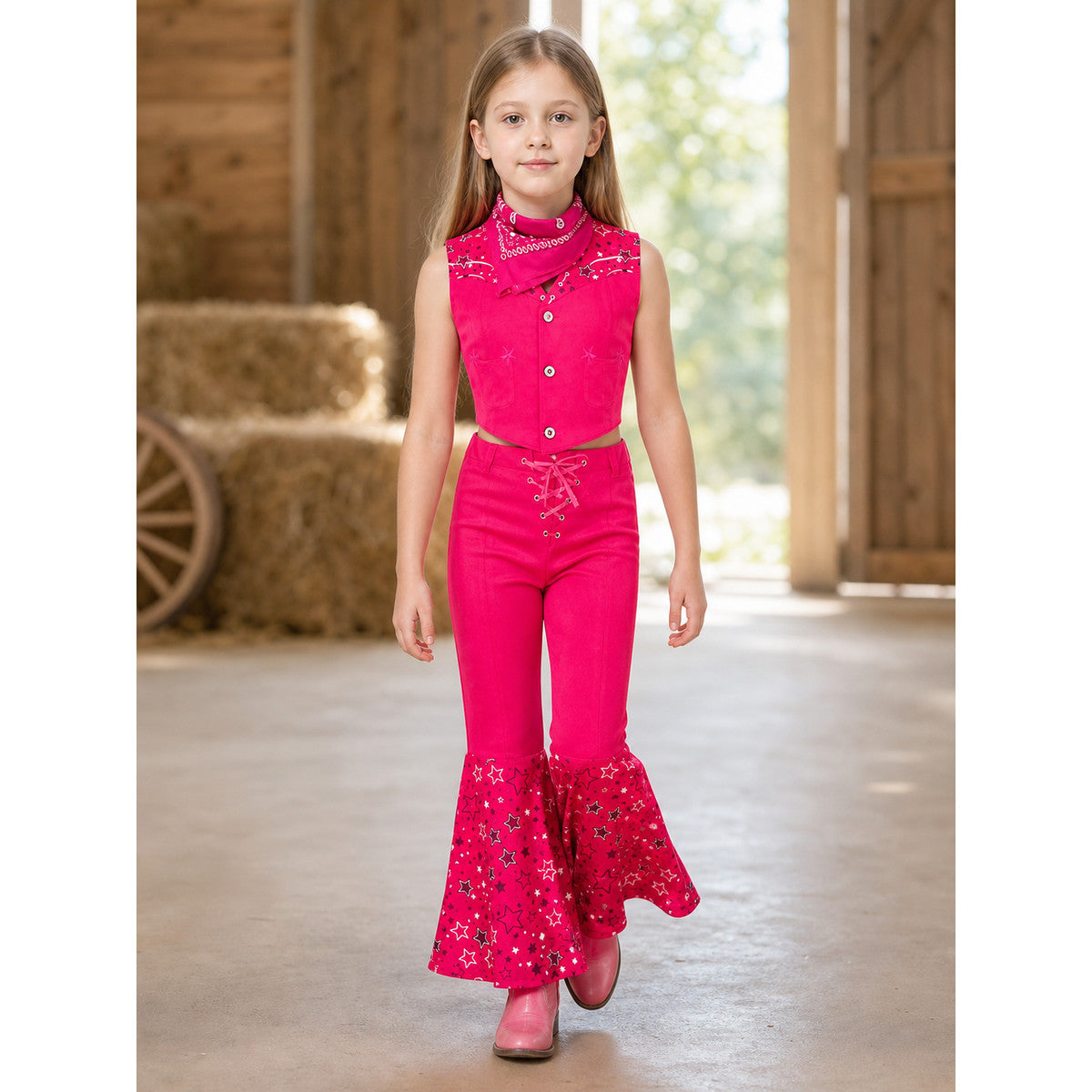 Barbie-style cosplay set consisting of two pieces: a cropped sleeveless top and flared-leg pants. The top resembles a vest with a front button closure, a decorative yoke, and a styled collar area. The pants have a high waist, front lacing, 