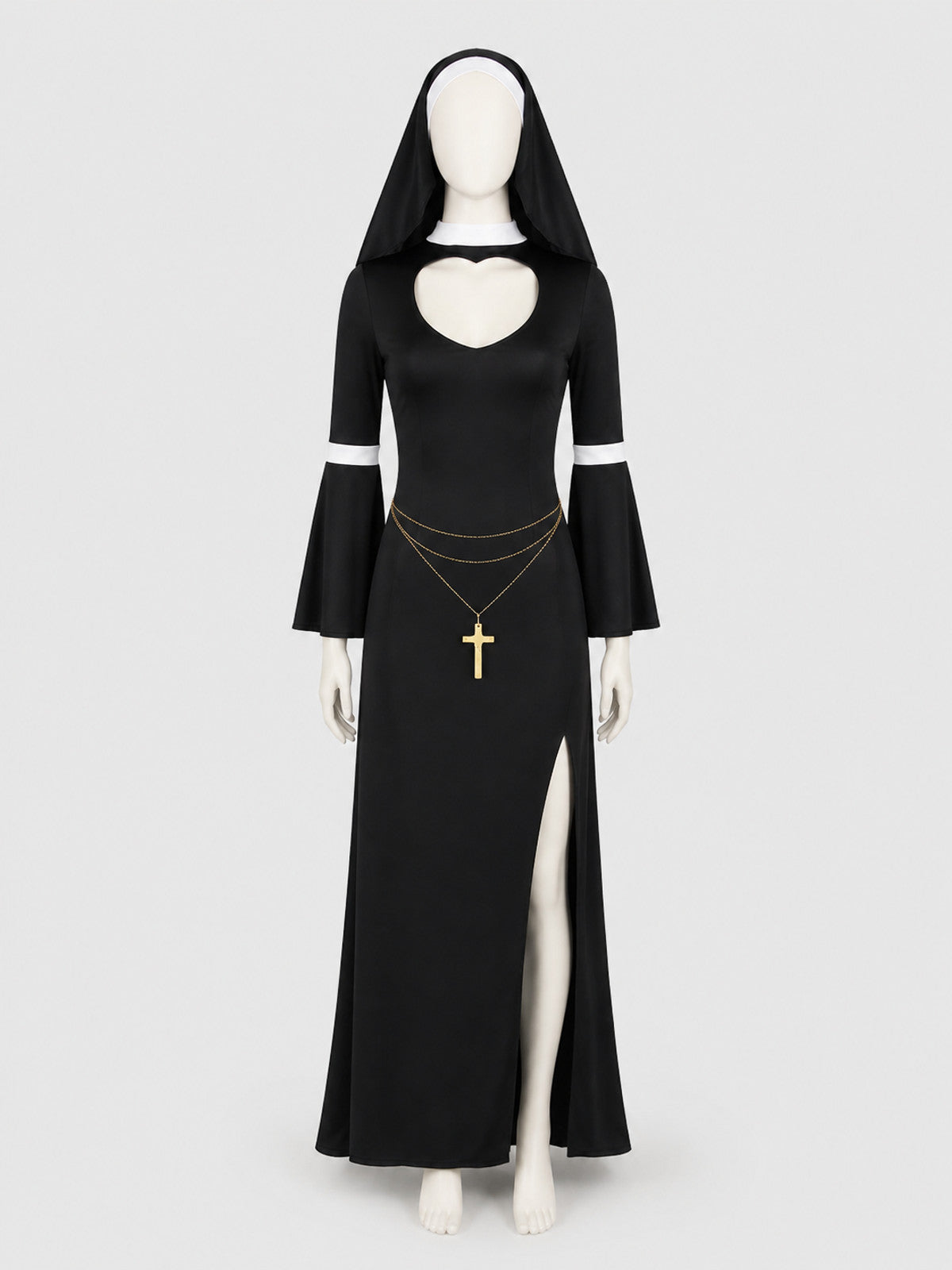 Black Religious Robe Costume with Head Covering and Cross Costumes detail