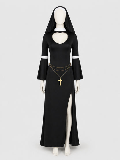 Black Religious Robe Costume with Head Covering and Cross Costumes detail