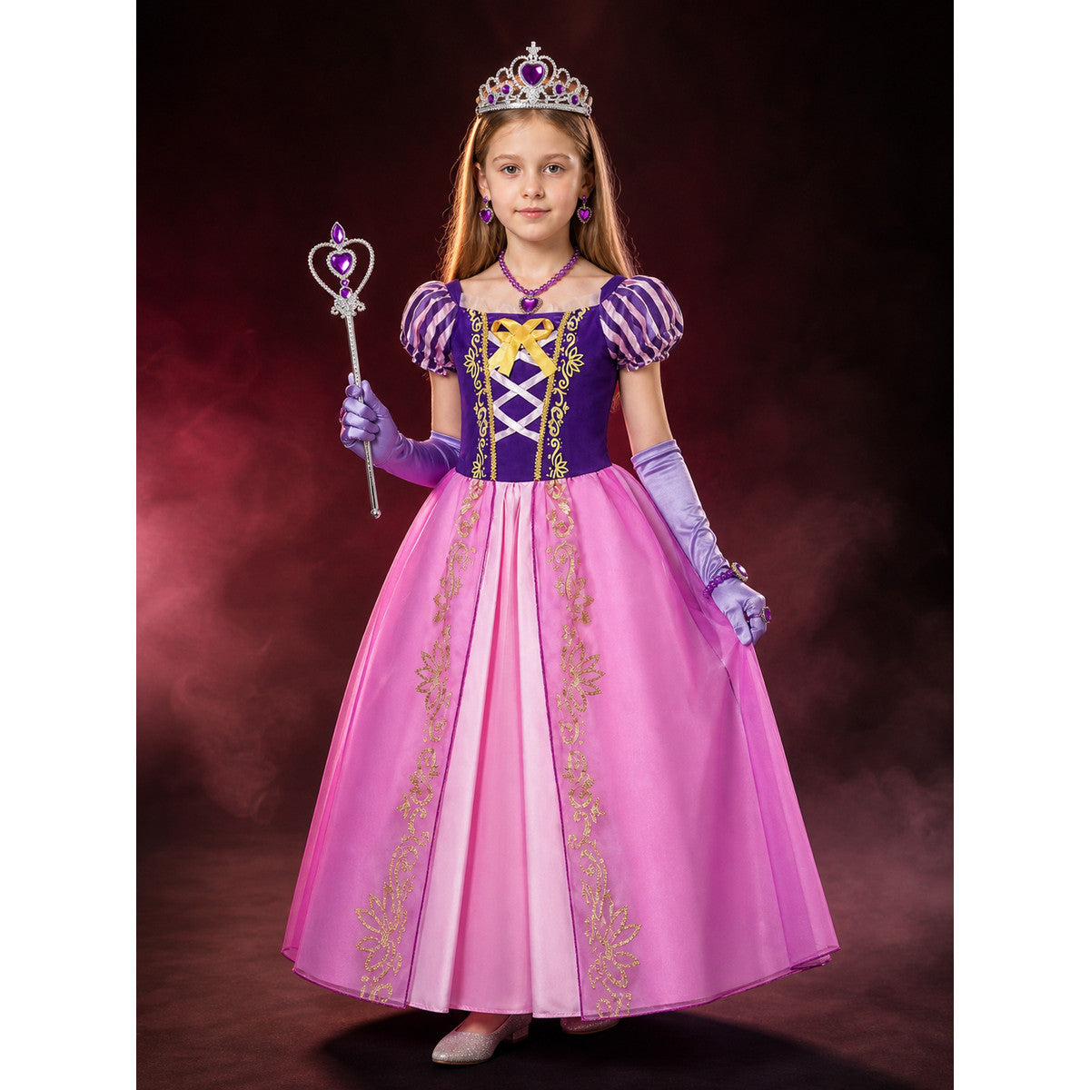 Girls' Princess Halloween Costume Dress Set With Crown, Jewelry, Wand And Gloves main product view