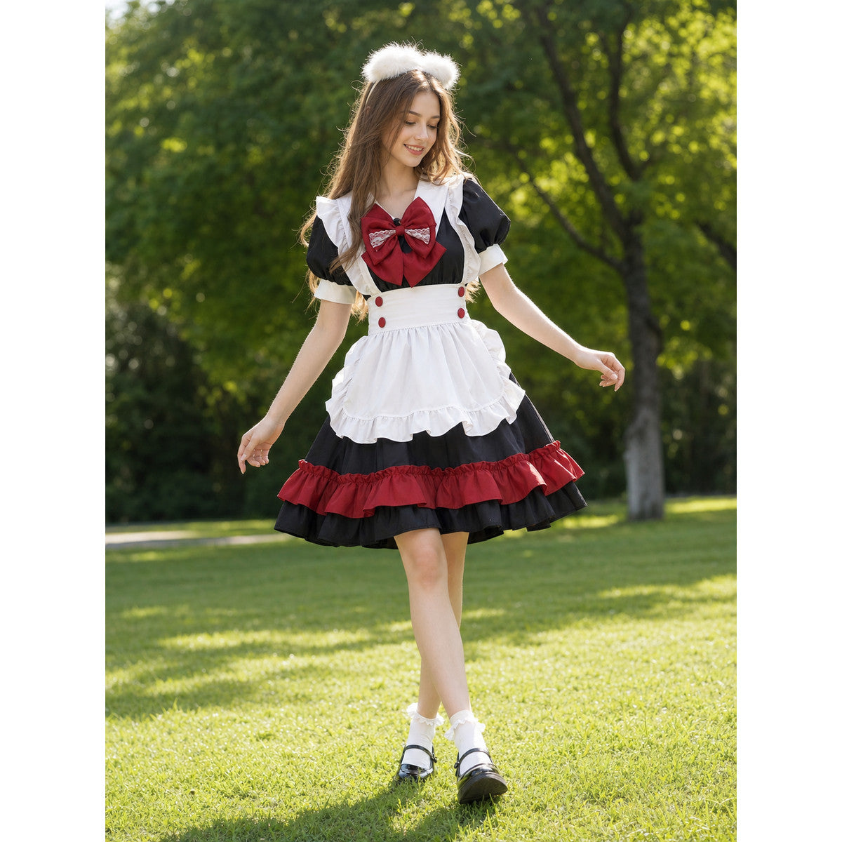 Lolita maid cosplay costume, black and red lifestyle view