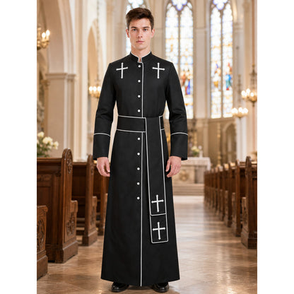 The model is designed in black and styled as a costume for cosplay, Halloween, and masquerades. It is a black cassock with a front featuring white buttons, a stand-up collar, and long sleeves. White crosses are placed on the garment: one is