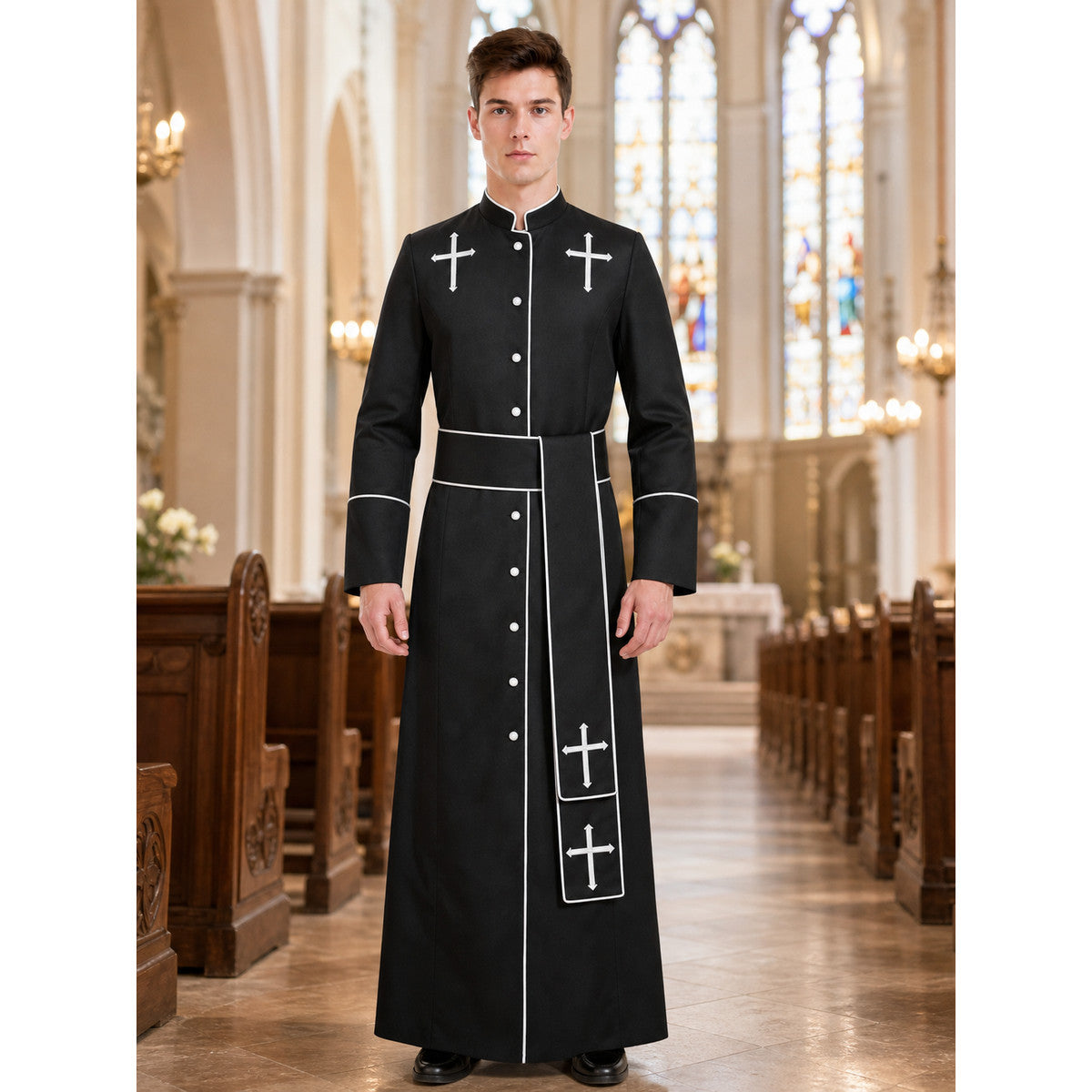 Long Black Cassock with a Cross for a Priest Costume lifestyle view