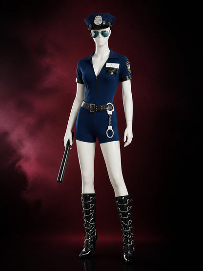 Women's Police Costume Set, Short-Sleeve Uniform with Hat, Belt and Handcuffs main product view