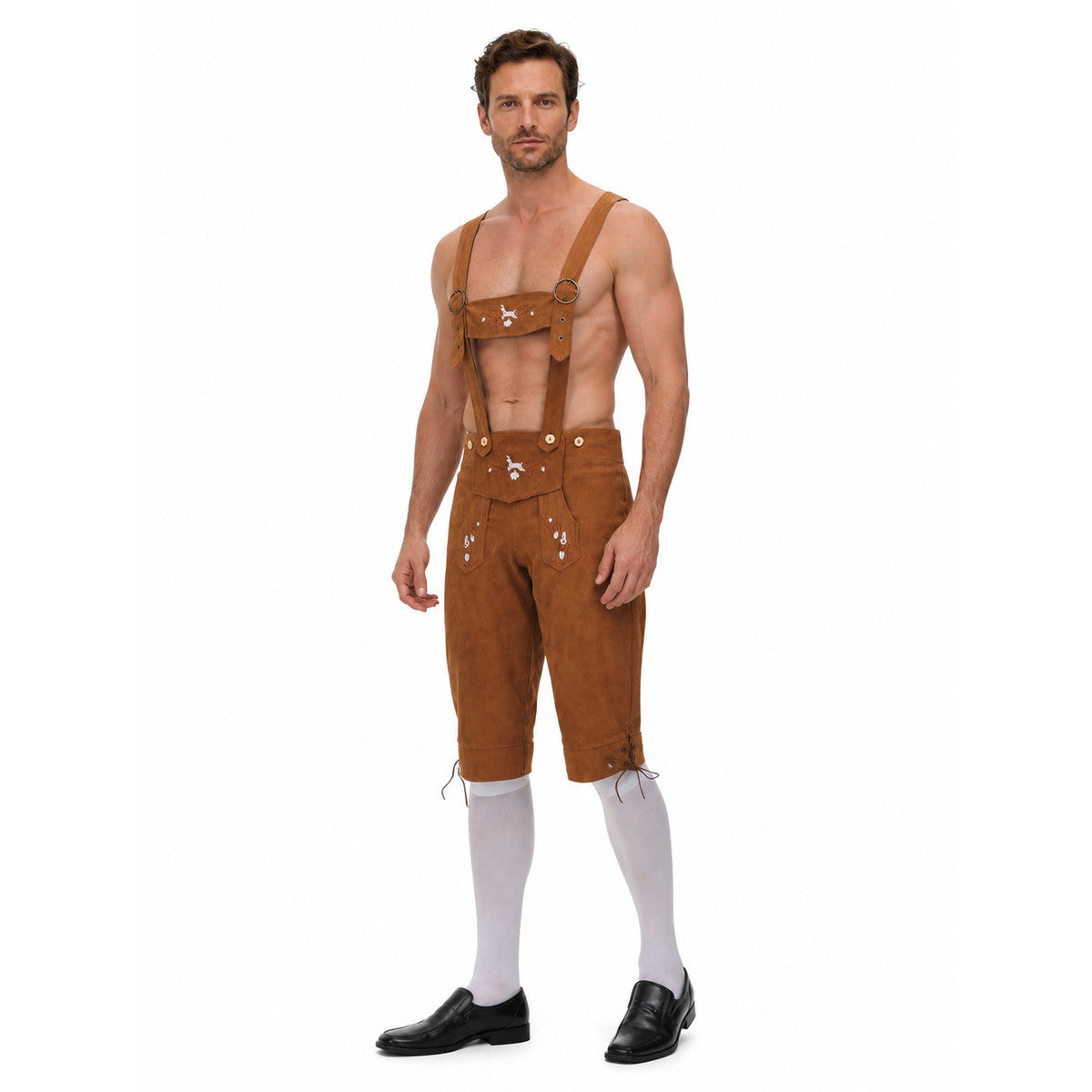 Bavarian-Style Embroidered Suspender Pants on-model front view