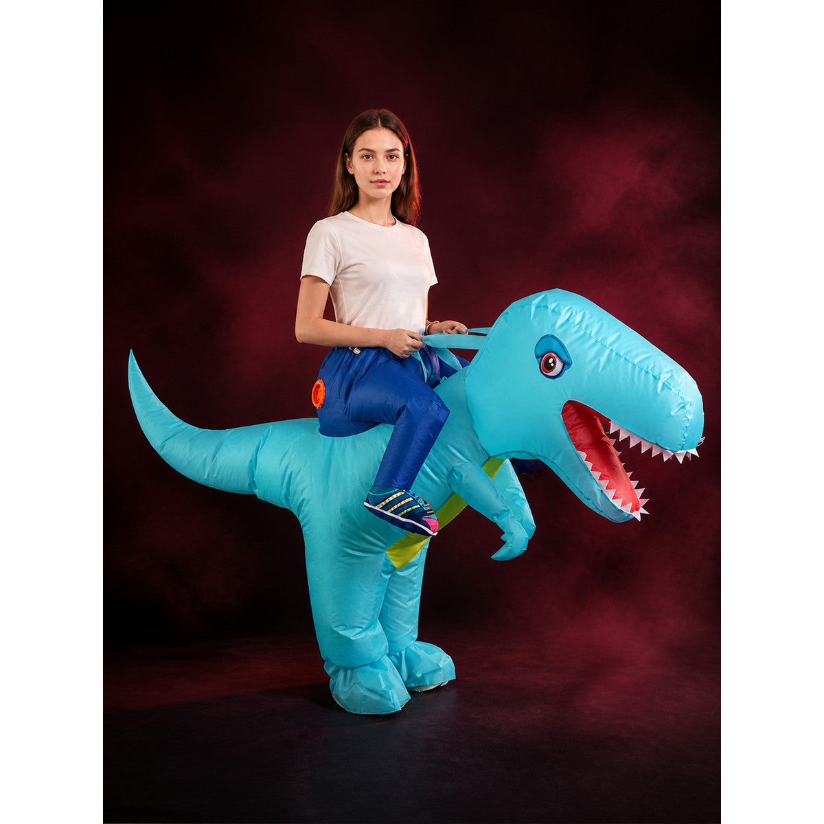 Funny Inflatable Blue-Green Dinosaur Costume for Kids and Adults with Open Mouth main product view