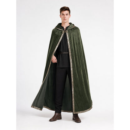 Green velvet-look hooded cloak with gold-tone edging shown full length on a male model