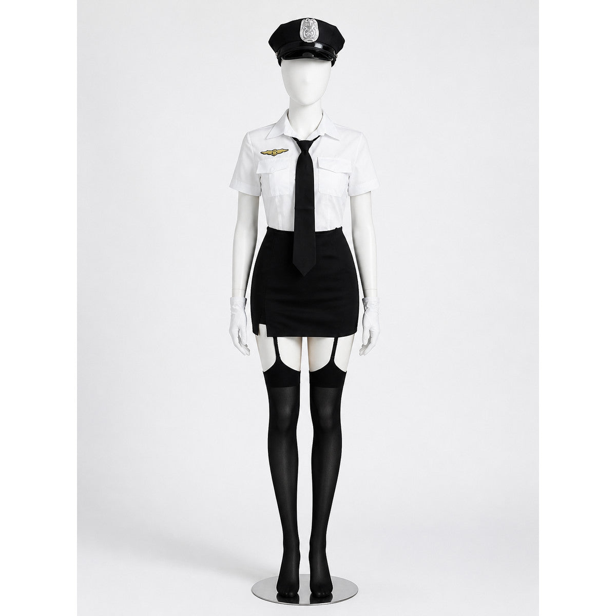 Women's Police Officer Costume, Black and White Uniform with Skirt and Badge main product view