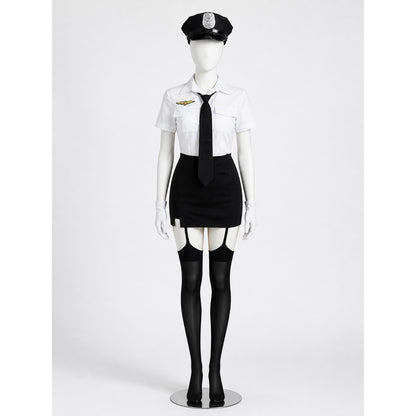 Women's Police Officer Costume, Black and White Uniform with Skirt and Badge main product view