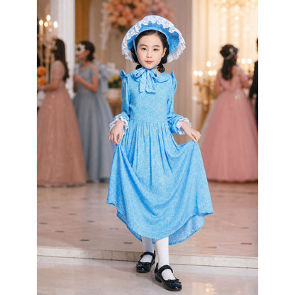 Blue Dress with White Ruffles and Bow, Long Sleeves