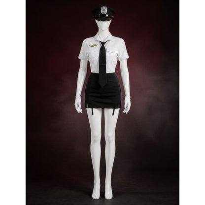 Women's Police Officer Costume Set, White Short Sleeve Uniform with Black Skirt main product view