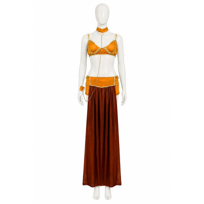 Long Off-the-Shoulder Dress in Orange and Brown Costume Dresses detail
