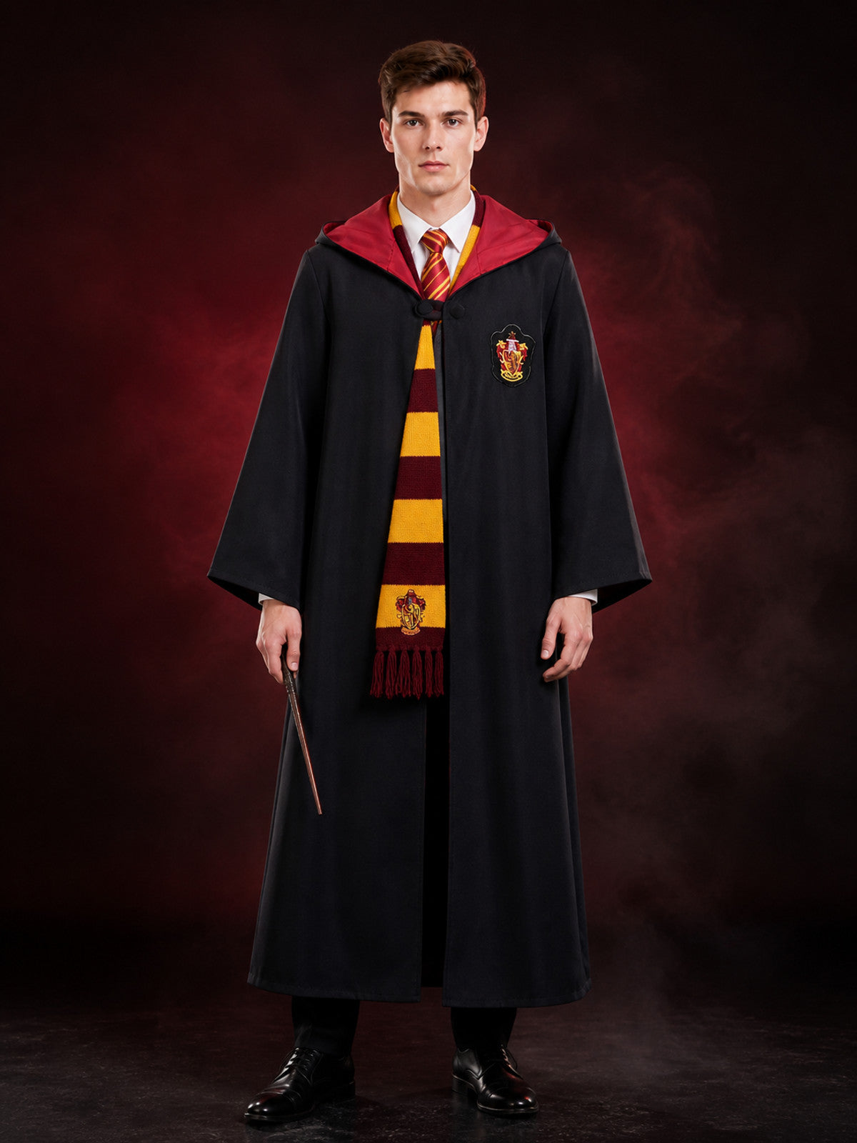Kids Wizard Robe Costume Set, Hooded Black Cloak With Red And Yellow Striped Tie main product view