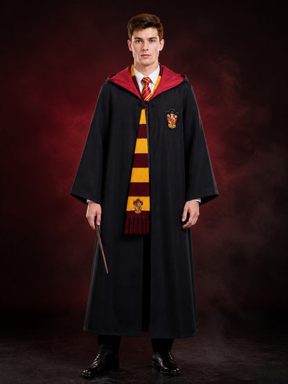 Kids Wizard Robe Costume Set, Hooded Black Cloak With Red And Yellow Striped Tie main product view