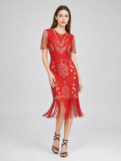 Retro-Style Cocktail Dress with Sequins and Fringe