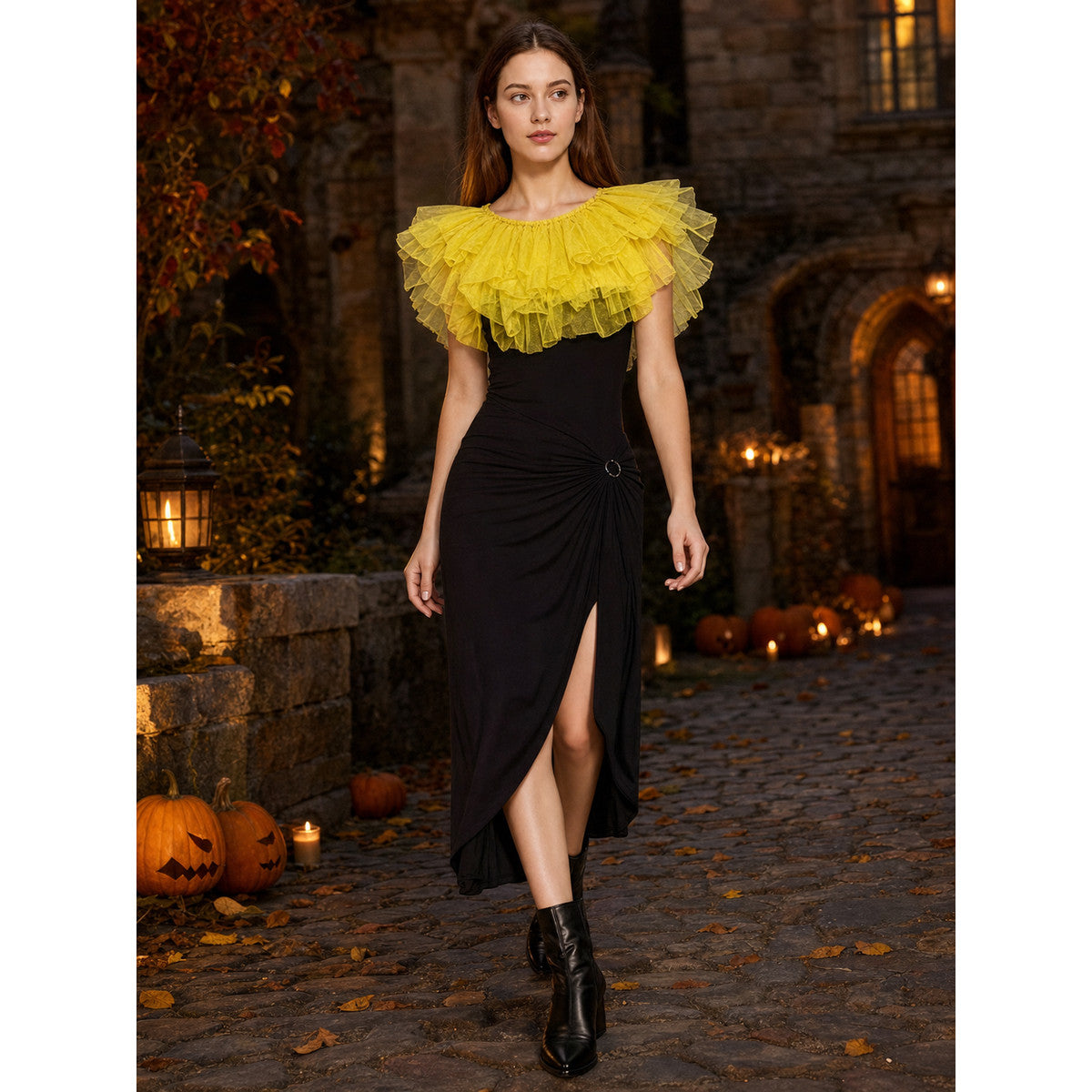 Yellow Feather Shoulder Shawl, Short Draped Wrap With Dense Feather Trim, Front-Covering Shoulder Design, Dress Up Accessory