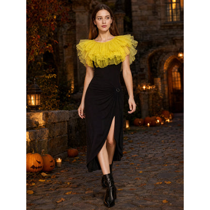 Yellow Feather Shoulder Shawl, Short Draped Wrap With Dense Feather Trim, Front-Covering Shoulder Design, Dress Up Accessory