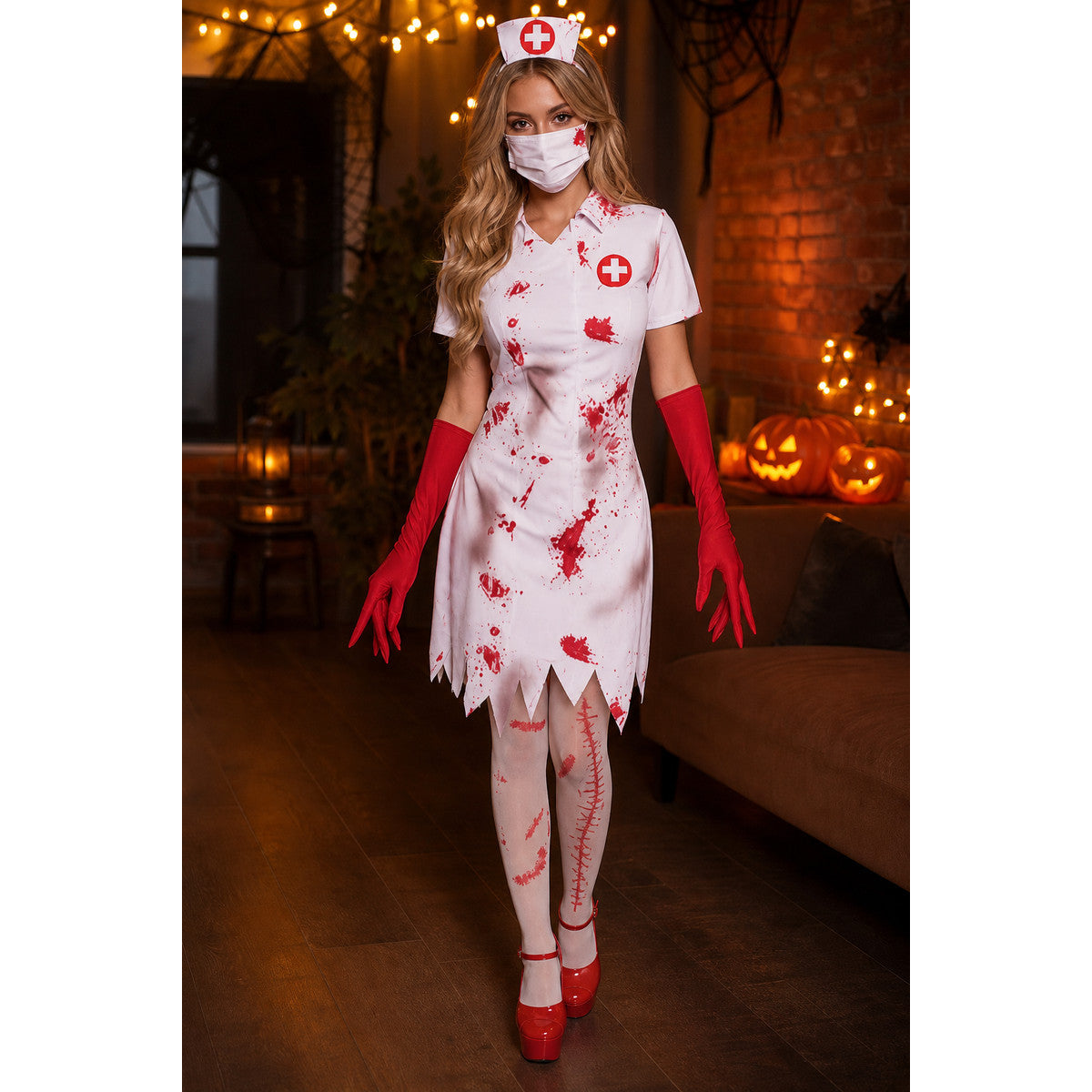 Zombie Nurse Costume with Blood Splatter Print lifestyle view