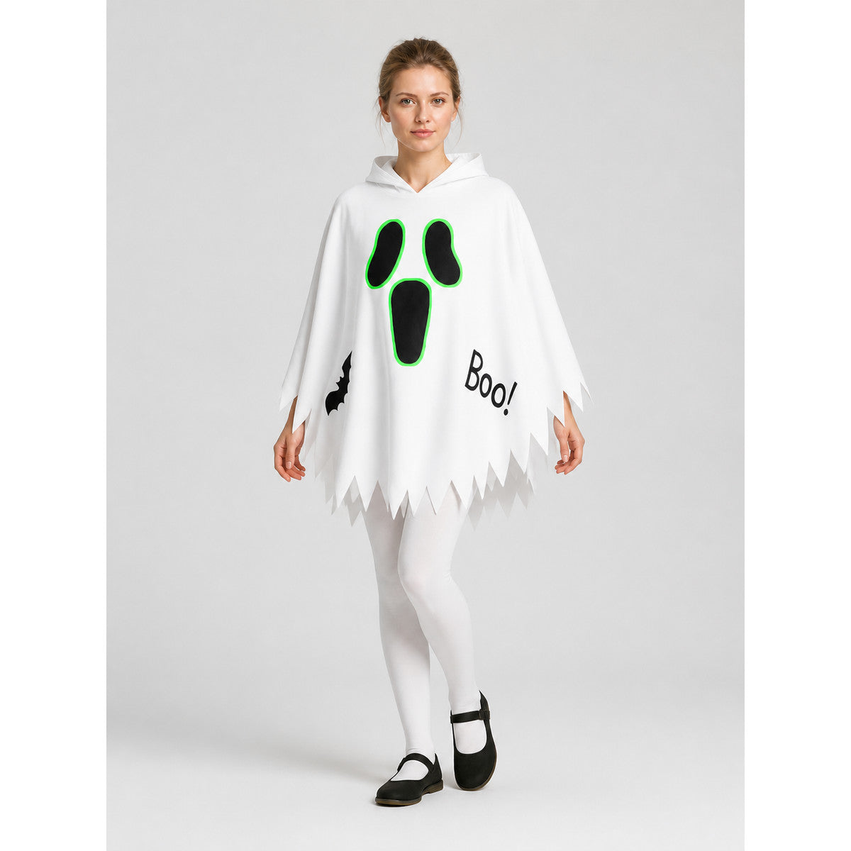 White Halloween Hooded Cape with Ghost Print on-model front view