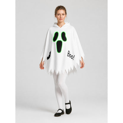 White Halloween Hooded Cape with Ghost Print on-model front view