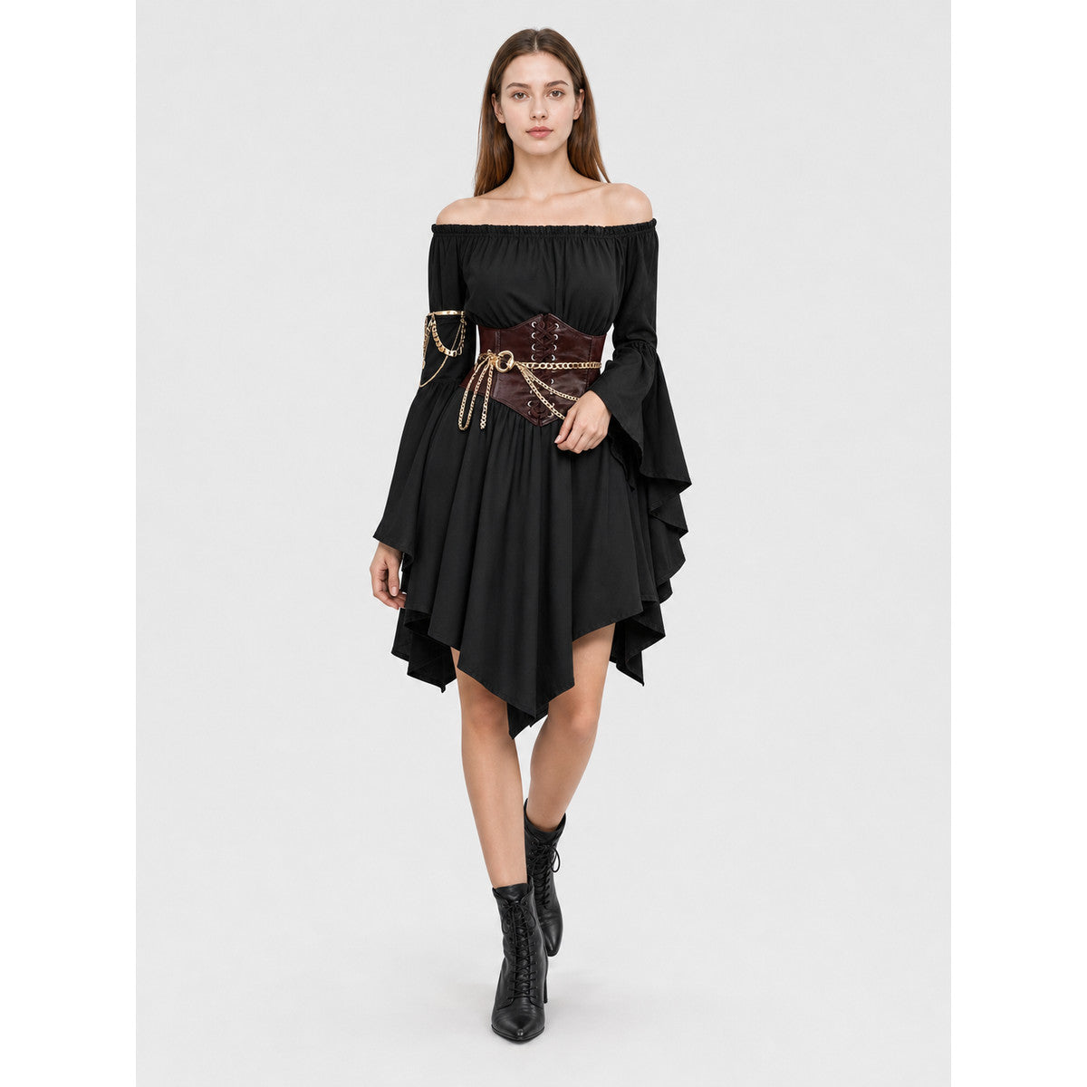 Dress with Belt, Flared Sleeves, and Asymmetrical Hem