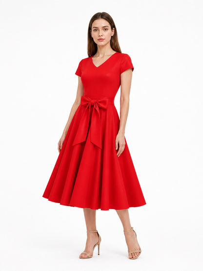 Red Dress with a V-Neck, Bow, and Ribbon
