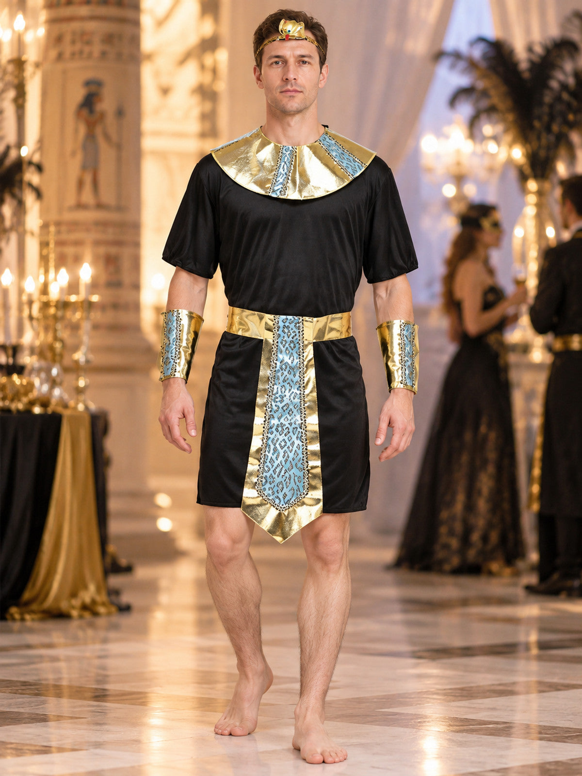 Egyptian Pharaoh Costume with Gold Trim and Blue Pattern