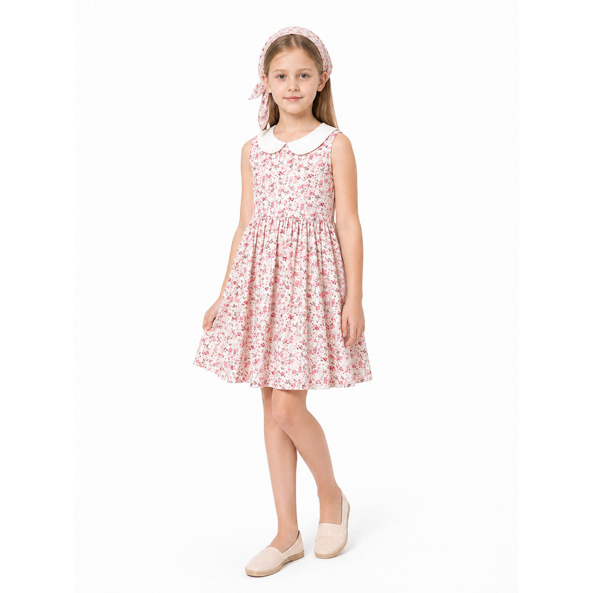 Floral Fitted Sleeveless Dress with White Collar