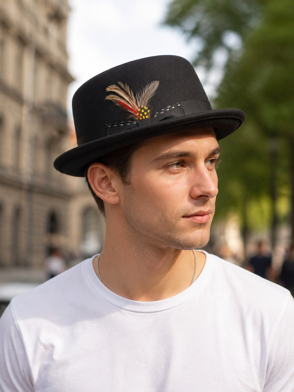 Carnival Fedora Hat with Feathers and a Wide Brim