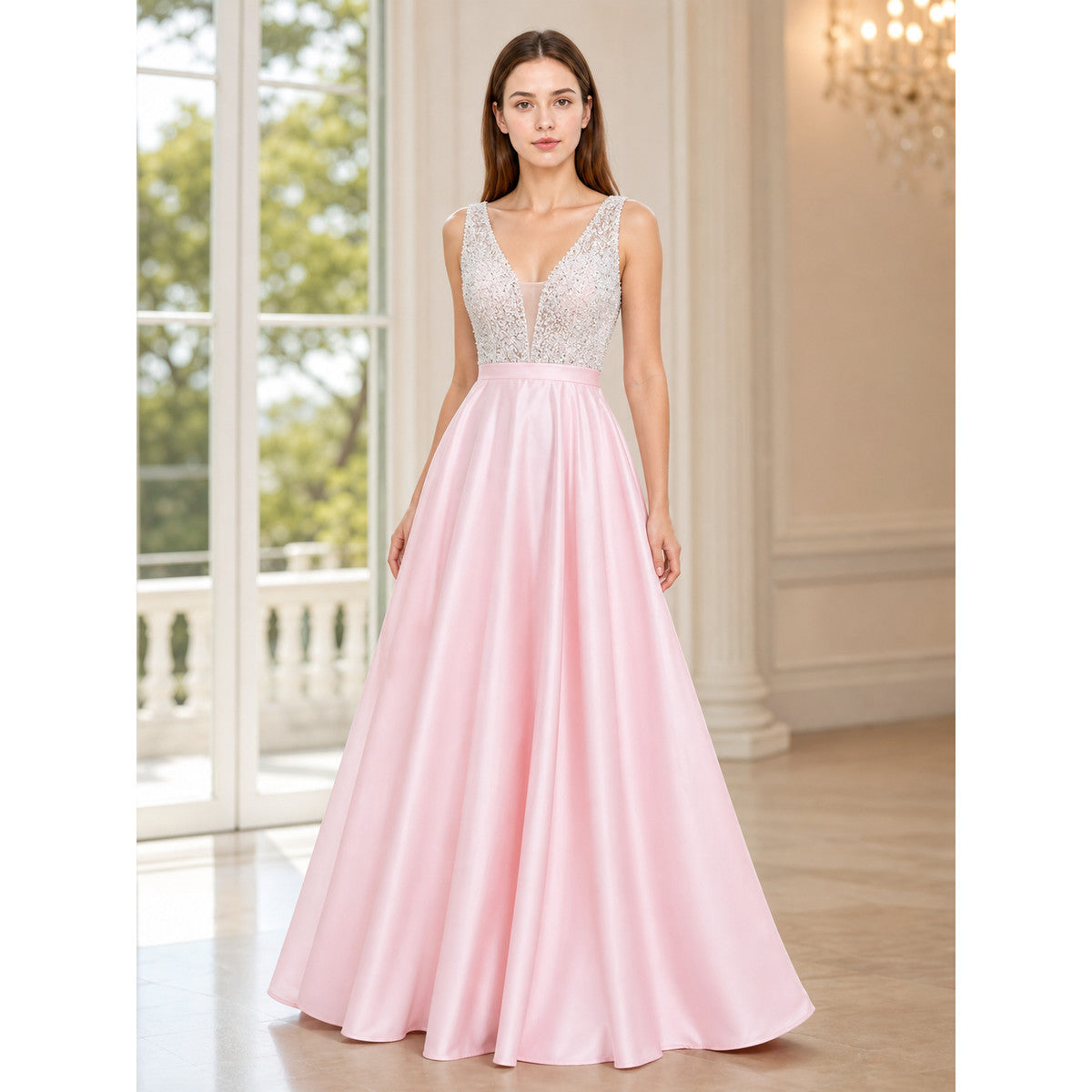 Floor-Length Evening Dress with a Deep V-Neckline lifestyle view