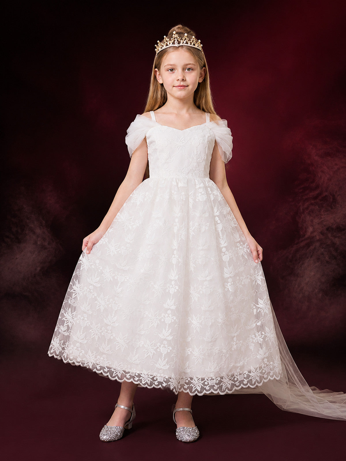 Girls' White Princess Formal Dress with Floral Embroidery and Long Train main product view